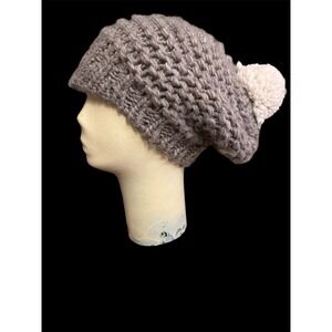 Raffaello Bettini Italy Grey Wool Alpaca Blend Chunky Knit Pom  Beanie brimmed